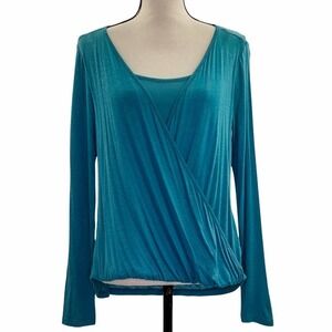 GILLIO Teal Blue Drapey Surplice Faux-Wrap Long Sleeve Blouse Small